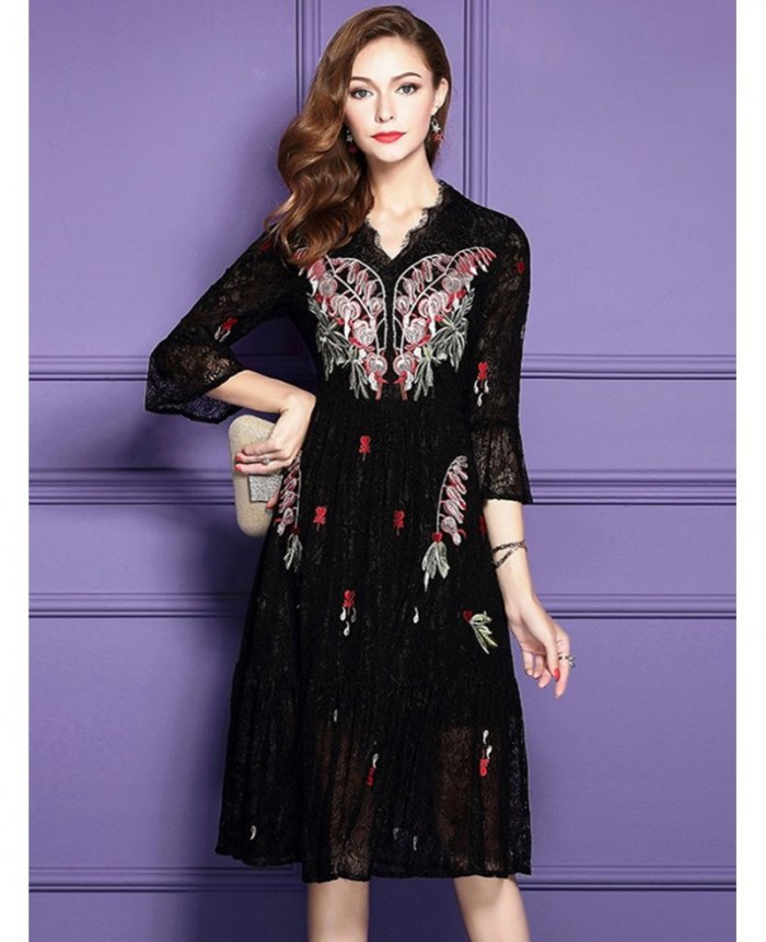 Classy Black Knee Length Lace Wedding Guest Dress For Fall With Sleeves ...