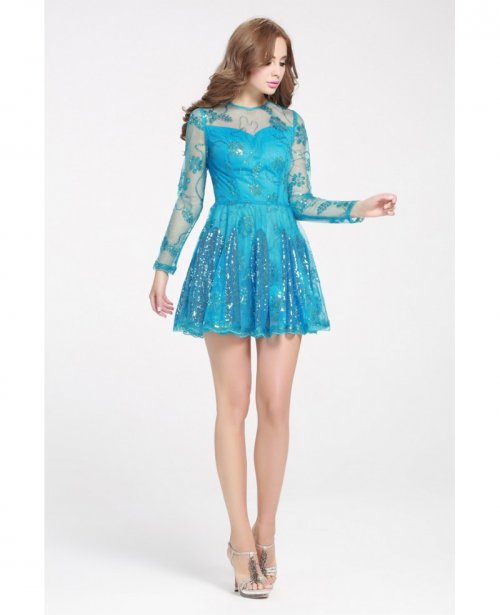 Blue Sequins Mini Short Prom Dress with Long Sleeves|bd5522|Prom Dresses