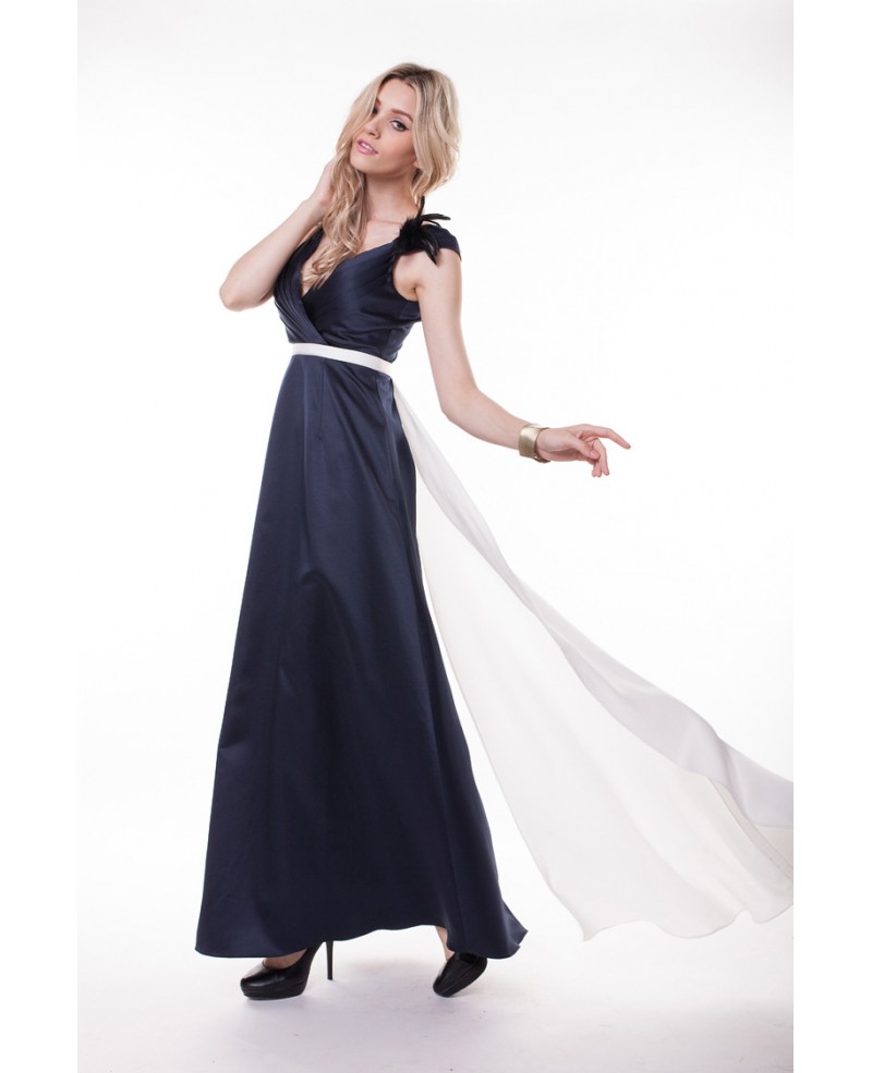Elegant V-neck High Waist Satin Long Evening Dress - Click Image to Close