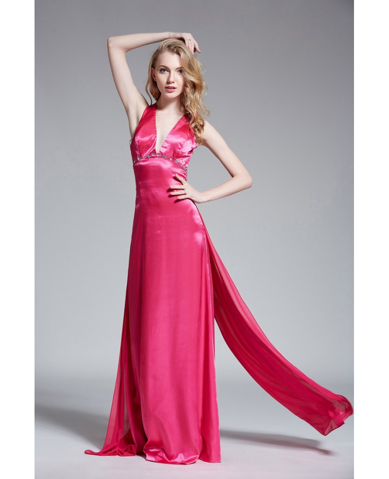 Sexy Deep V-neck Satin Long Open Back Evening Dress