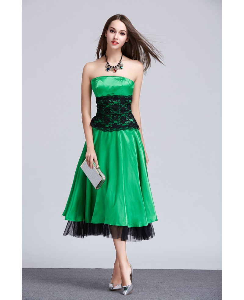 Chic A-Line Strapless Lace Satin Tea-Length Wedding Guest Dress