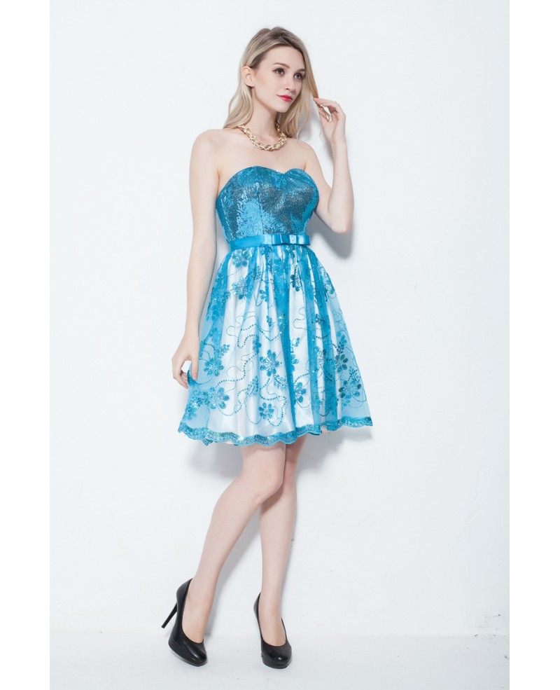Sexy Short Floral Sequined Little Blue Dresses Sweetheart