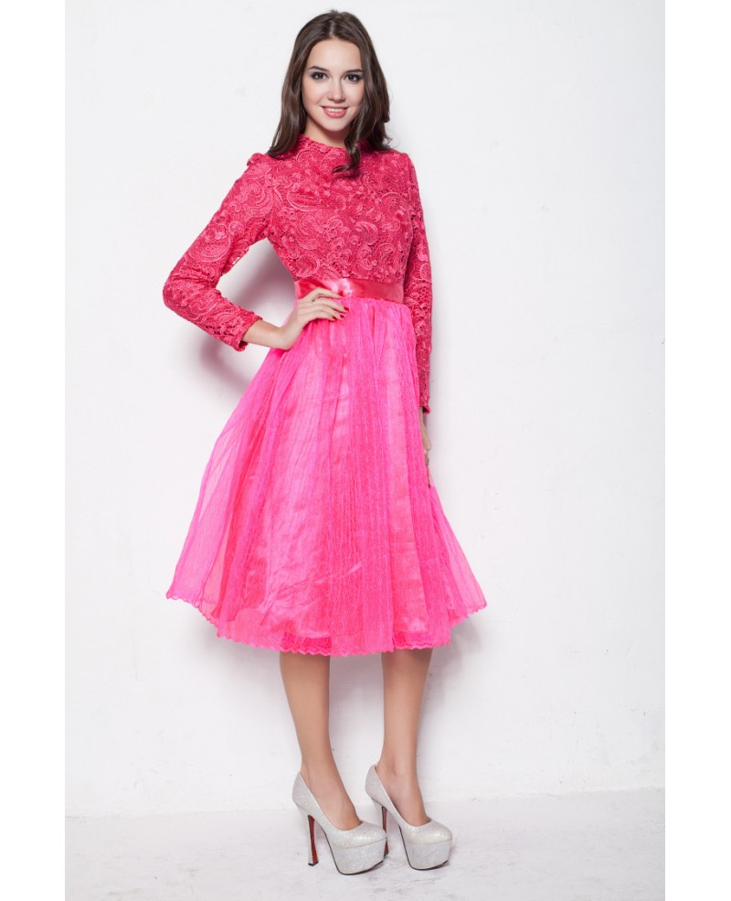 Modest Fuschia Long Sleeves Lace Tulle Graduation Dresses in Short