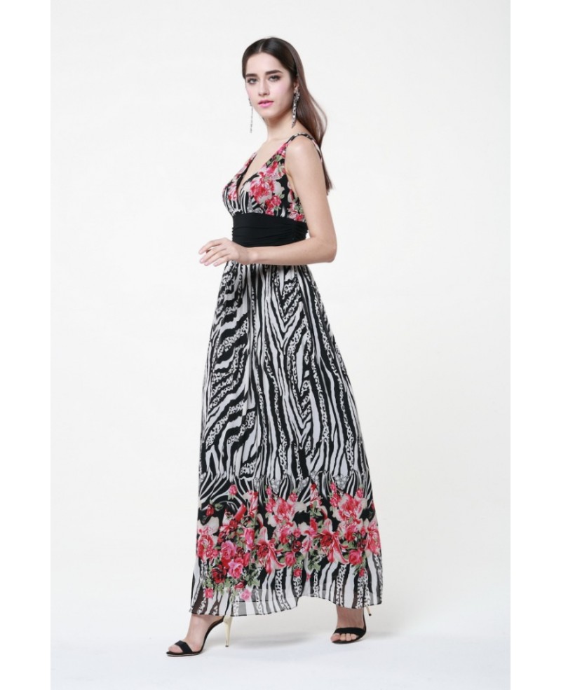 Unique High Waist printed Chiffon Long Wedding Guest Dress