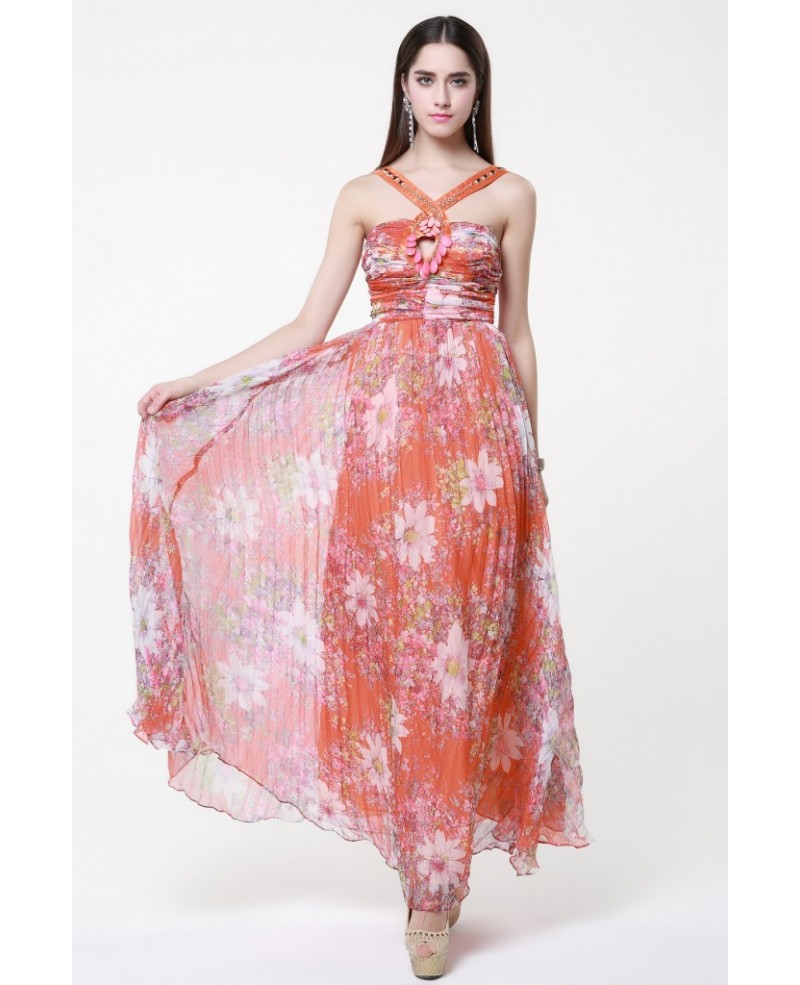 Summer High Waist Floral Print Chiffon Long Wedding Guest Dress