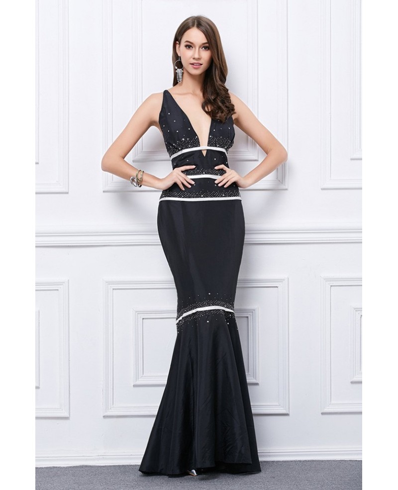 Sexy Mermaid Deep V-neck Satin Long Open Back Evening Dress With Sequins - Click Image to Close