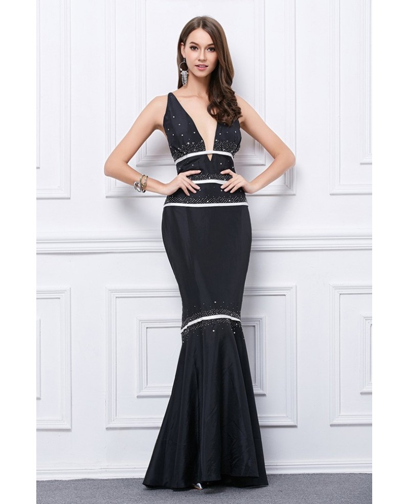 Sexy Mermaid Deep V-neck Satin Long Open Back Evening Dress With Sequins