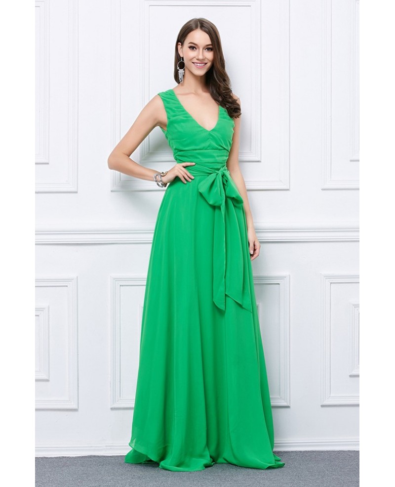 Stylish A-Line Deep V-neck Chiffon Long Prom Dress