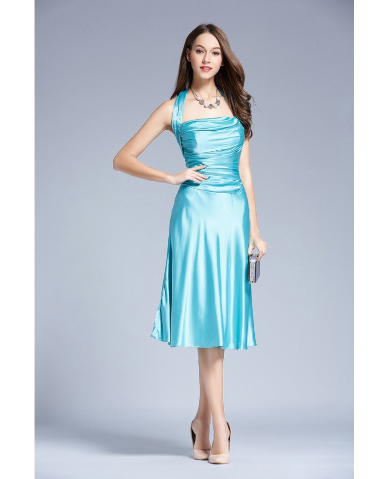 Stylish Halter Satin Tea-Length Wedding Guest Dress With Ruffle