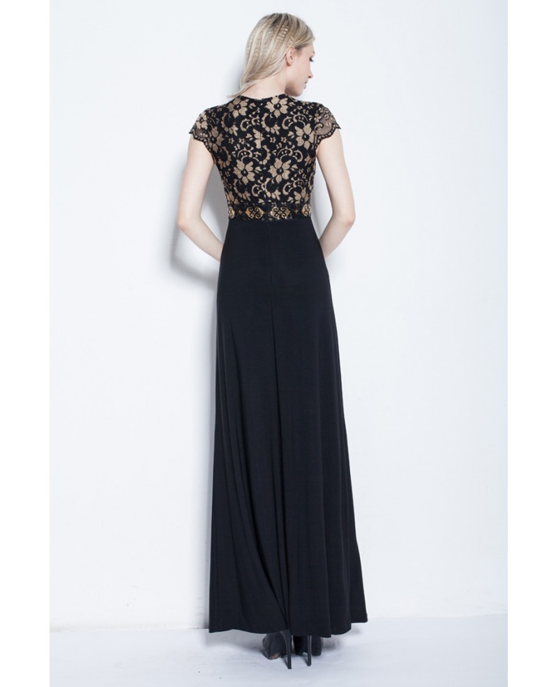 Elegant A-Line Black Long Formal Dress With Lace Top