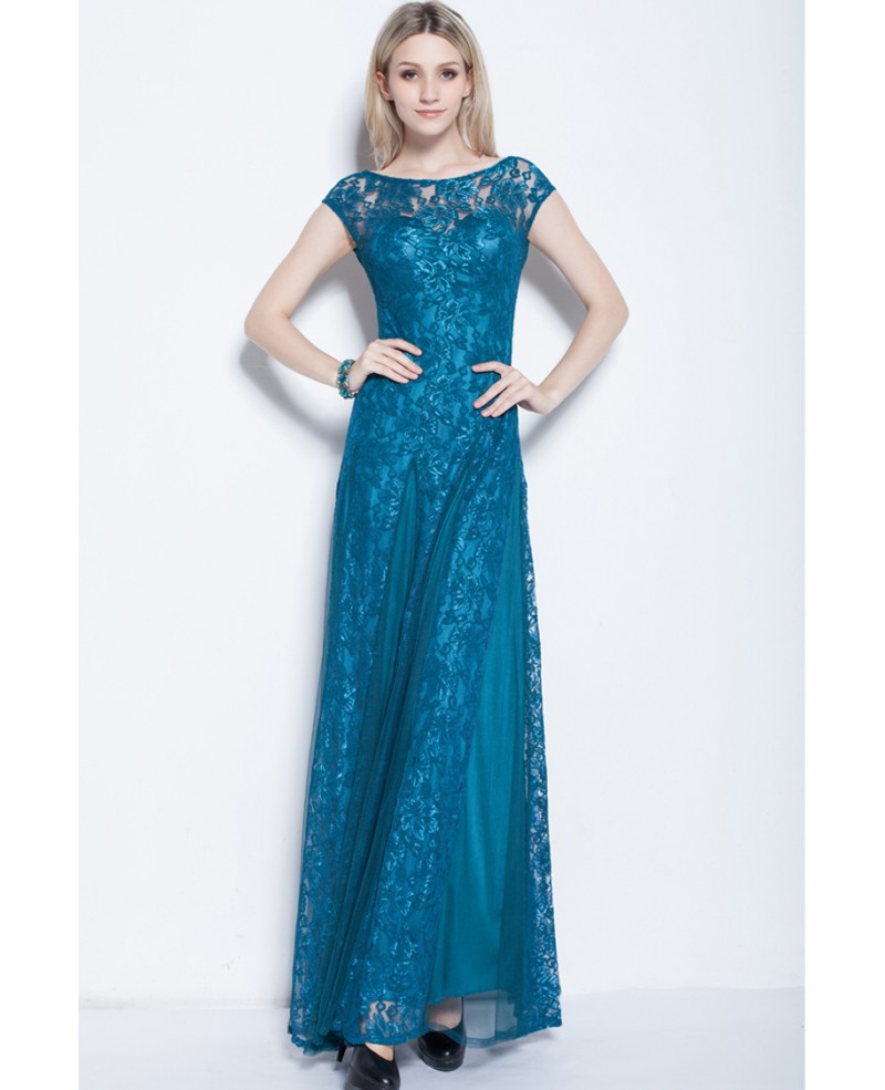 Blue Modest A-Line Tulle Lace Long Dress With Cape Sleeves