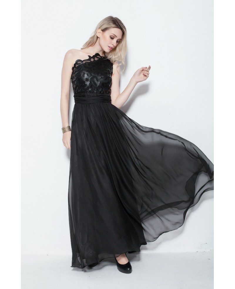 Chiffon and Leather One Shoulder Long Black Party Dresses