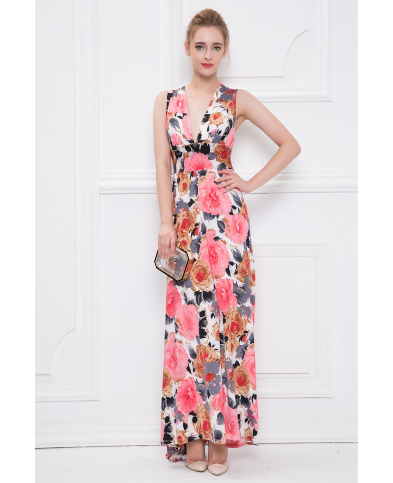 Summer V-neck Floral Print Chiffon Long Wedding Guest Dress