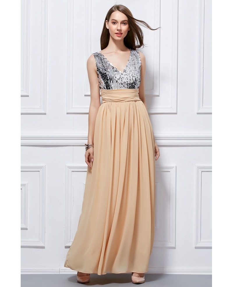 Stylish Sequined V-neck Chiffon Long Prom Dress With Ruffle