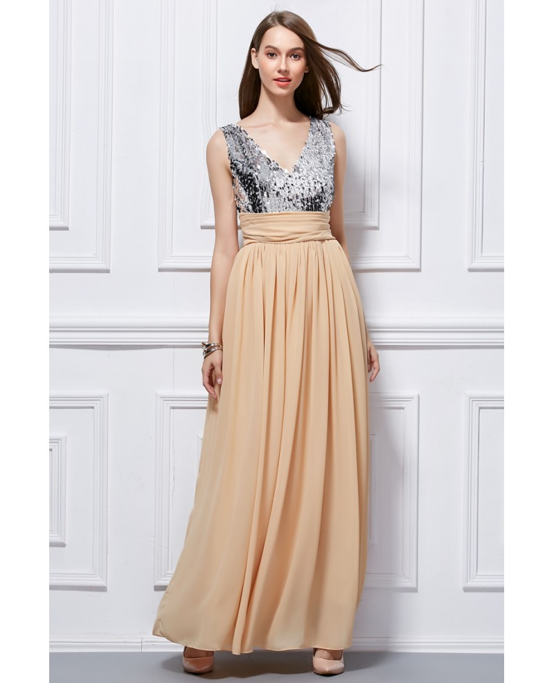 Stylish Sequined V-neck Chiffon Long Prom Dress With Ruffle
