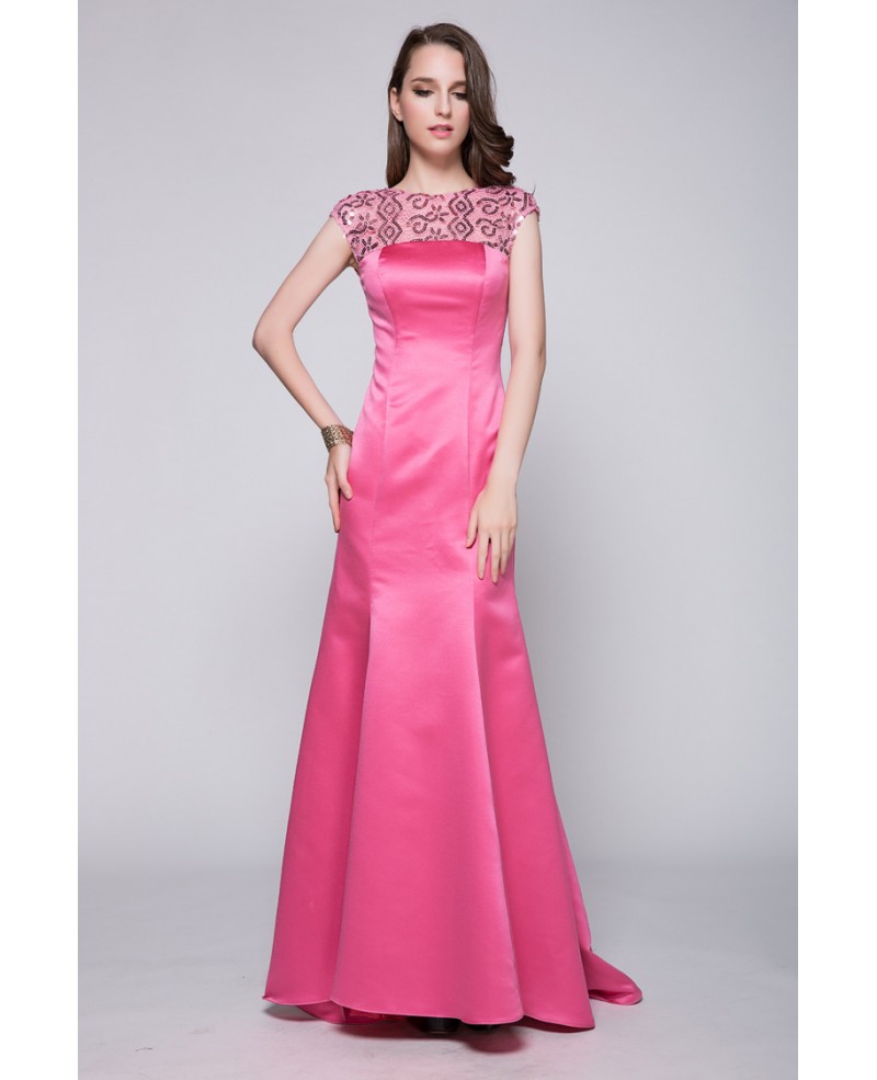 Long Pink Mermaid Sequined Prom Dress With Cap Sleeves - Click Image to Close