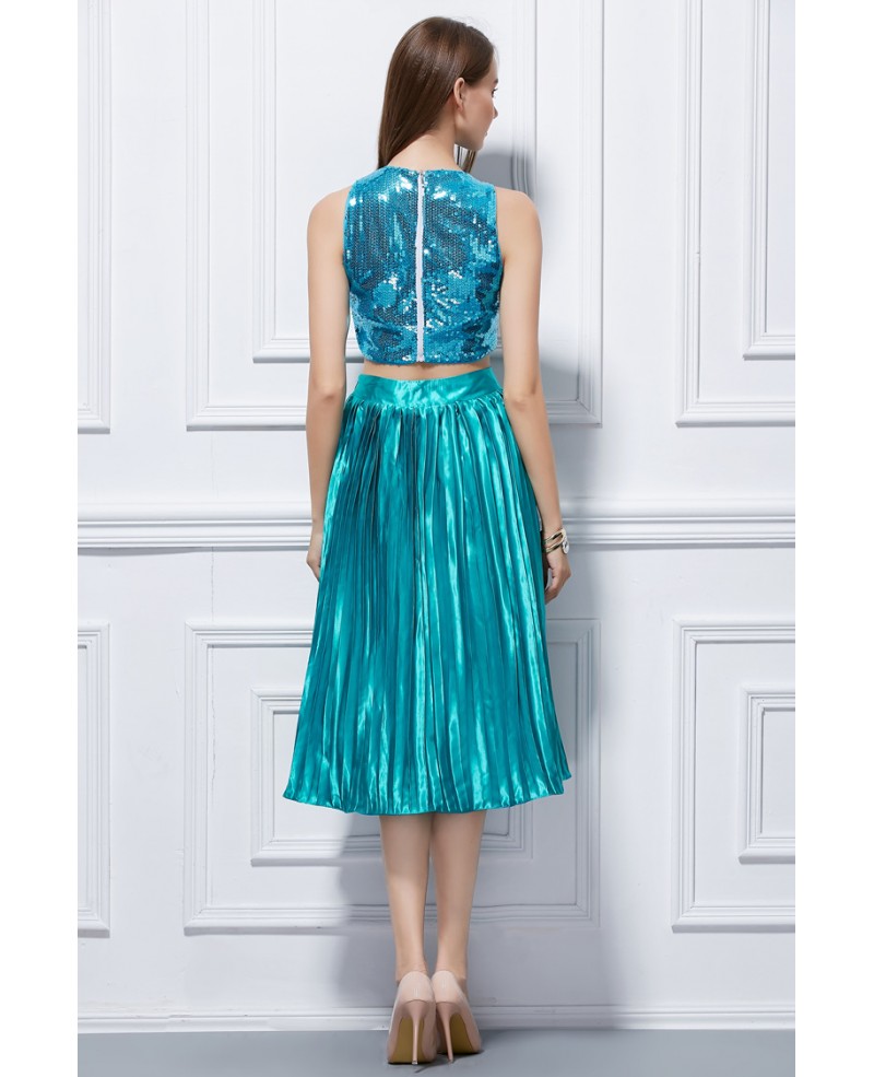 Bling Bling Two-Pieces Satin Seuqined Tea-Length Homecoming Dress - Click Image to Close