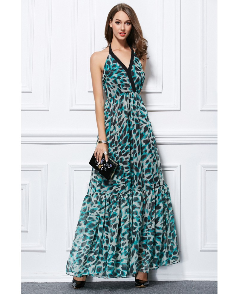 Stylish Halter Floral Print Chiffon Long Wedding Guest Dress