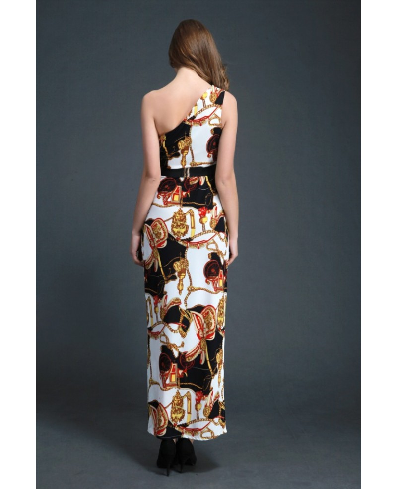 Chic One Shoulder Printed Long Wedding Guest Dress With Front Split