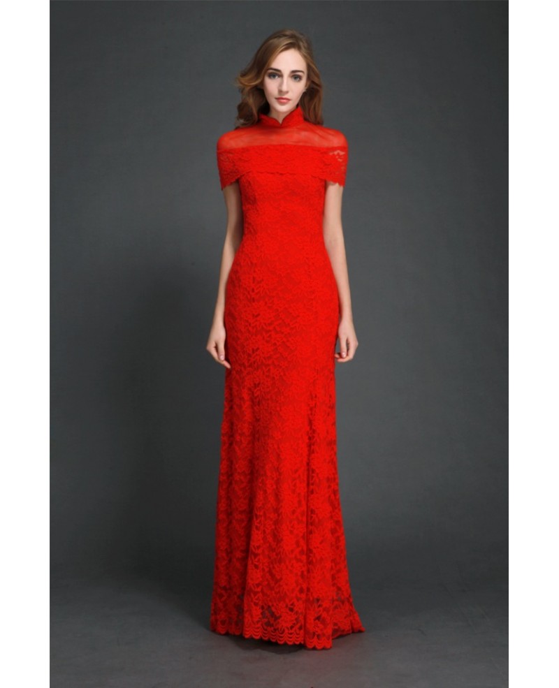 Chinese Style High-neck Lace Red Fitted Long Dress With Sleeves