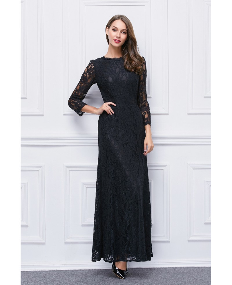 Elegant A-Line Black Lace Long Dress With Sleeves