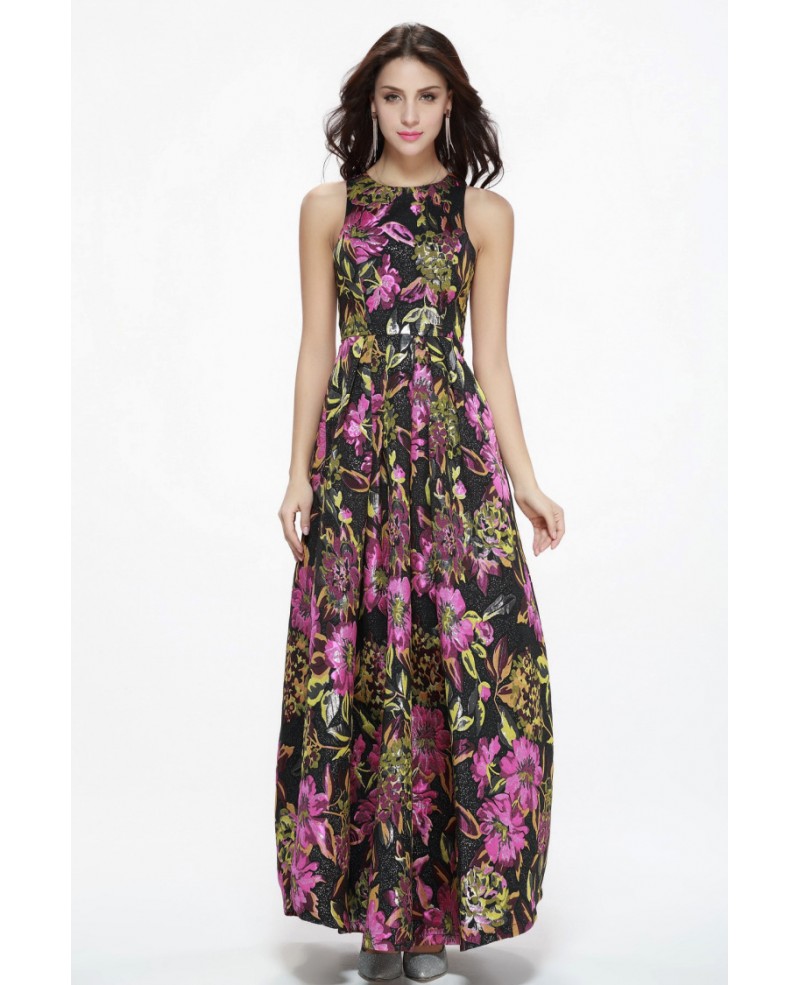 Vintage Fashion Floral Printed Maxi Long High Neck Dress