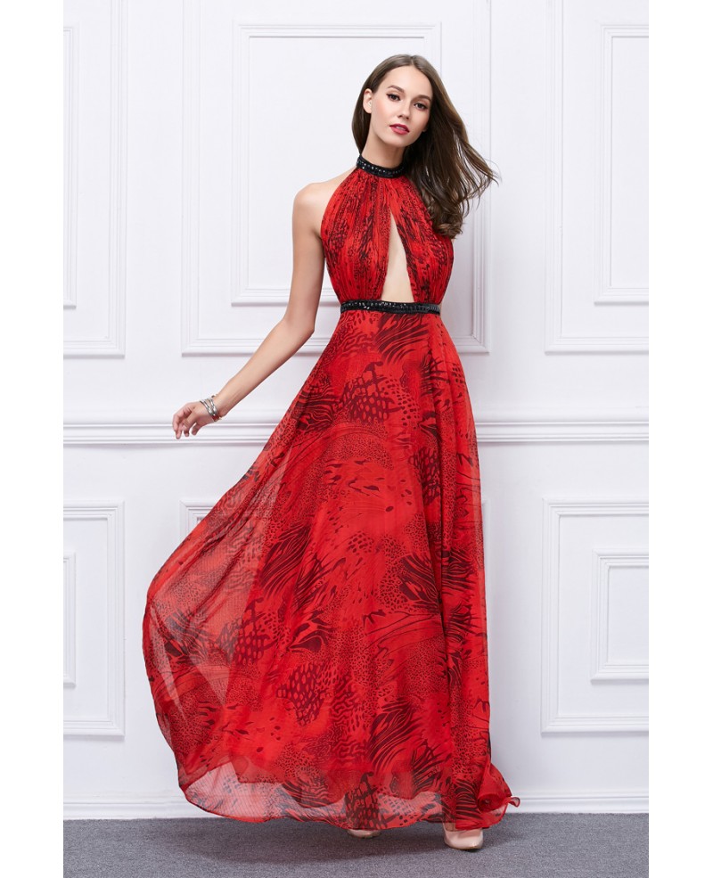 Stylish Red Floral Print Chiffon Long Weddding Guest Dress