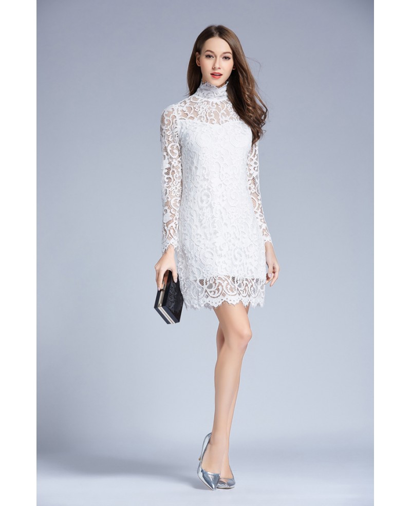 Chic High Neck White Lace Short Weddding Guest Dress With Long Sleeves - Click Image to Close