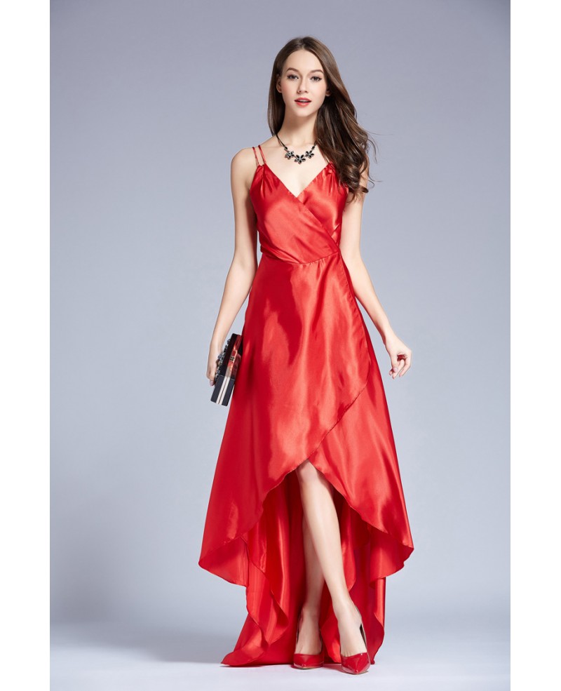 Red Edgy V-neck Asymmetrical Satin Evening Dress - Click Image to Close