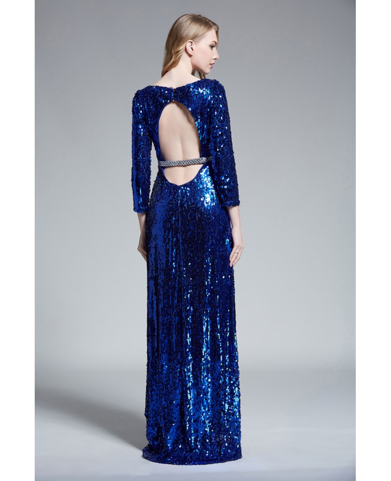 Sparkling A-Line Sequined Long Evening Dress With Open Back