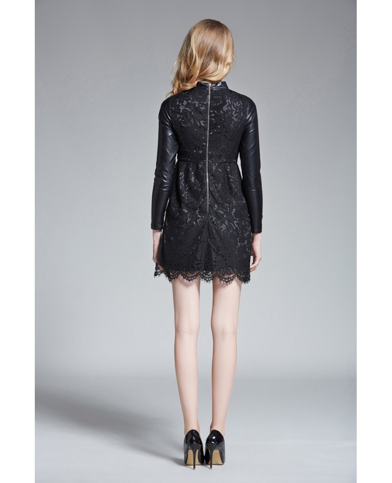 Chic Black Leather Lace Mini Weddding Guest Dress With Long Sleeves