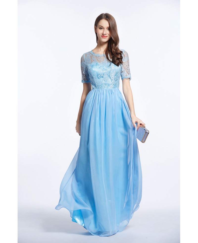 Feminine A-Line Lace Chiffon Long Prom Dress With Sleeves