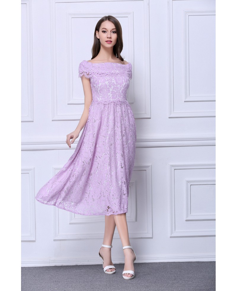 Feminine A-Line Off-the-Shoulder Lace Tea-Length Dress