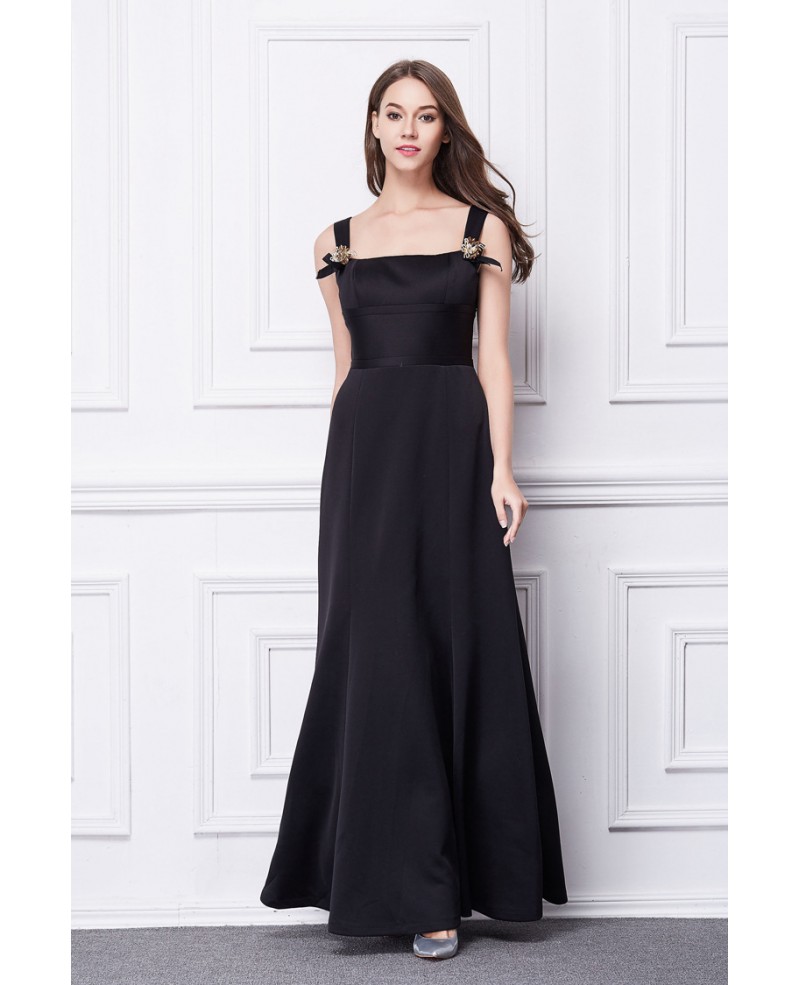 Modest A-Line Square Neckling Black Cotton Long Evening Dress