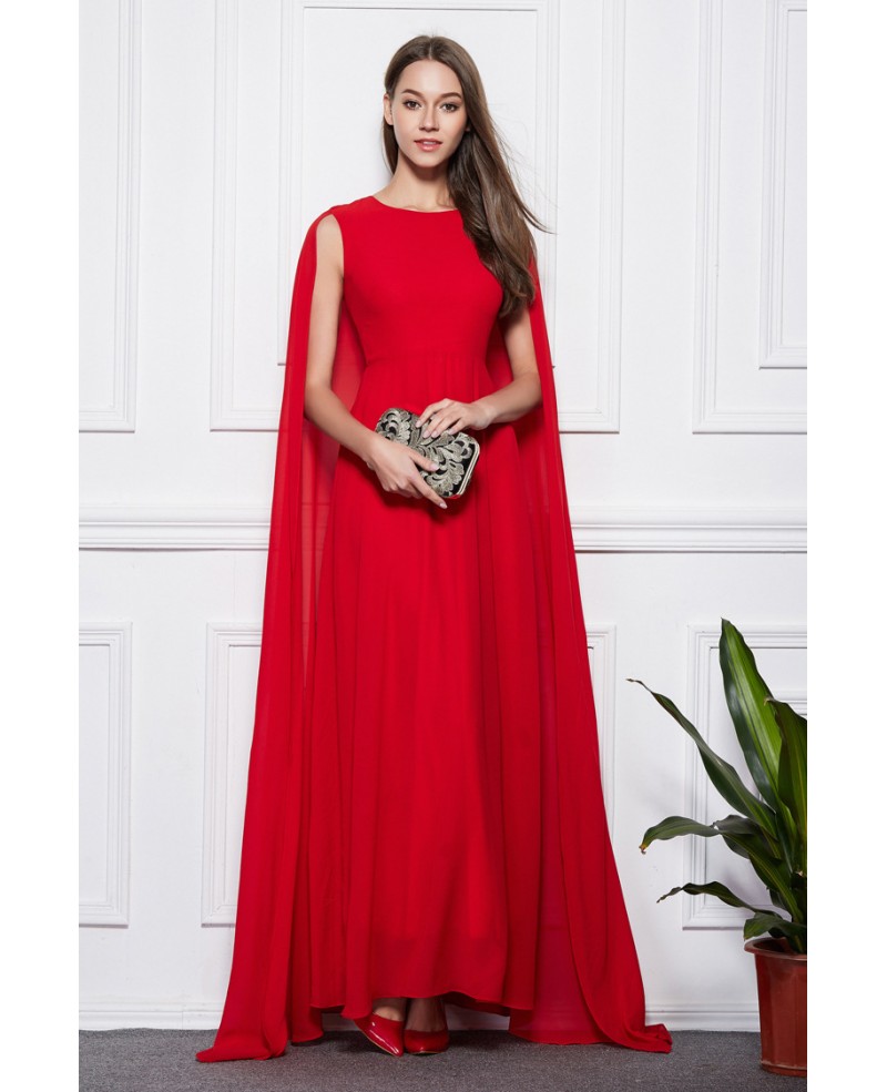 Elegant A-Line Red Chiffon Long Evening Dress With Cape