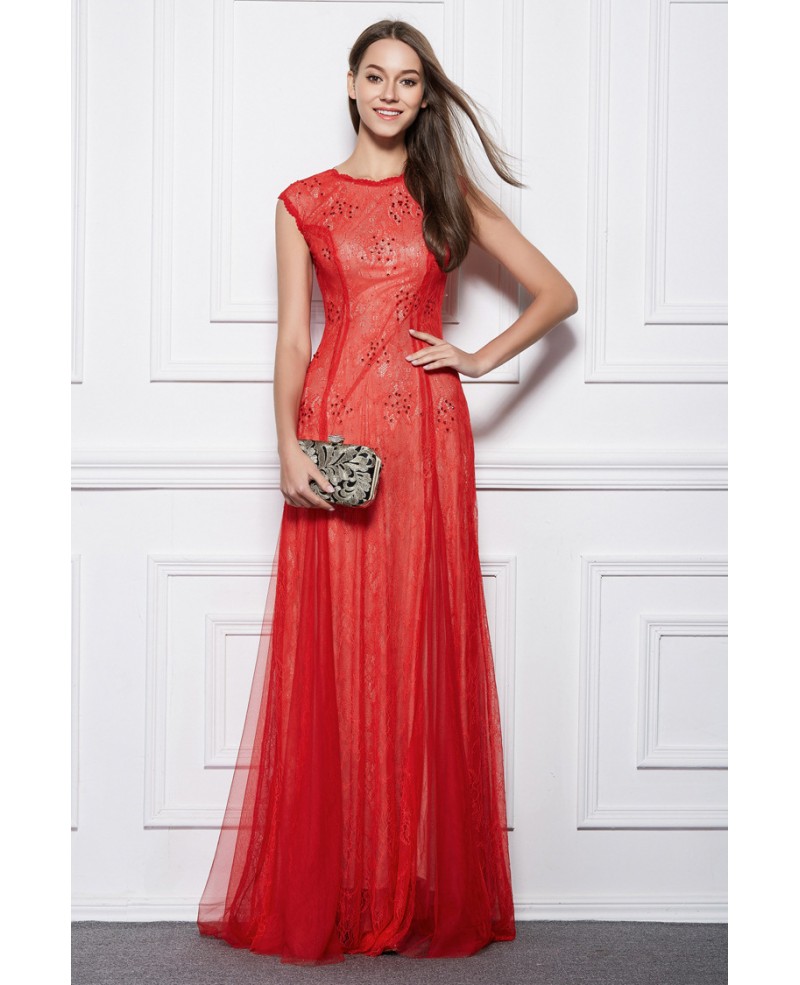 Elegant A-Line Red Lace Floor-Length Evening Dress With Ruffle