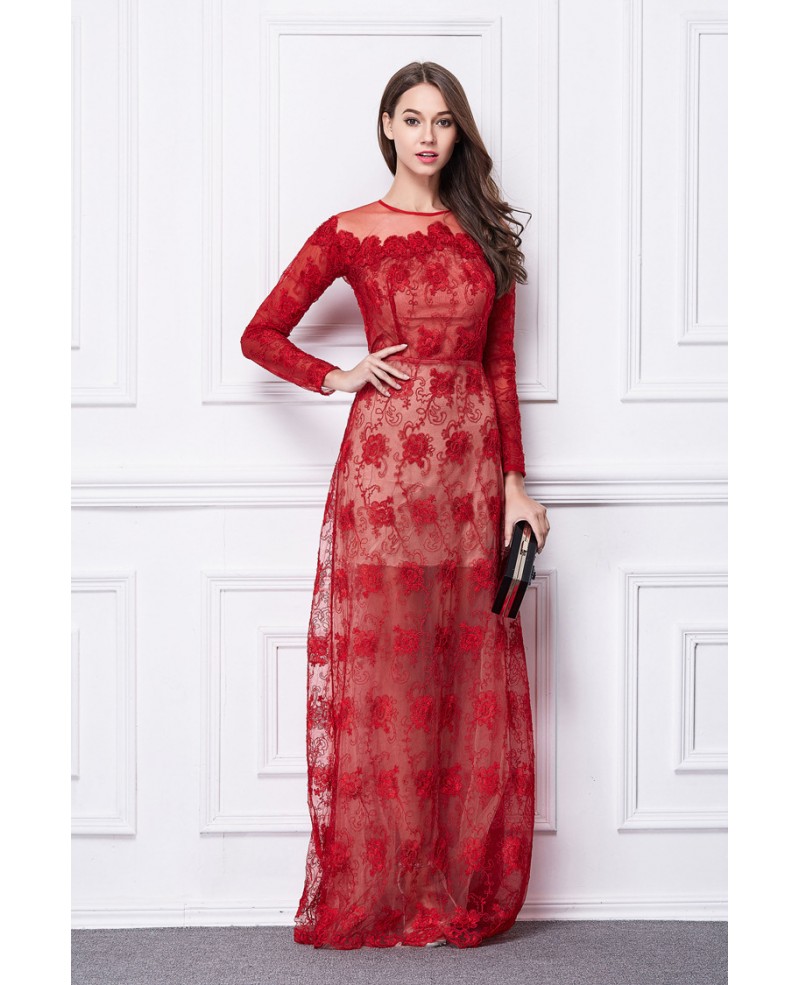 Elegant A-Line Red Lace Floor-Length Evening Dress With Long Sleeves
