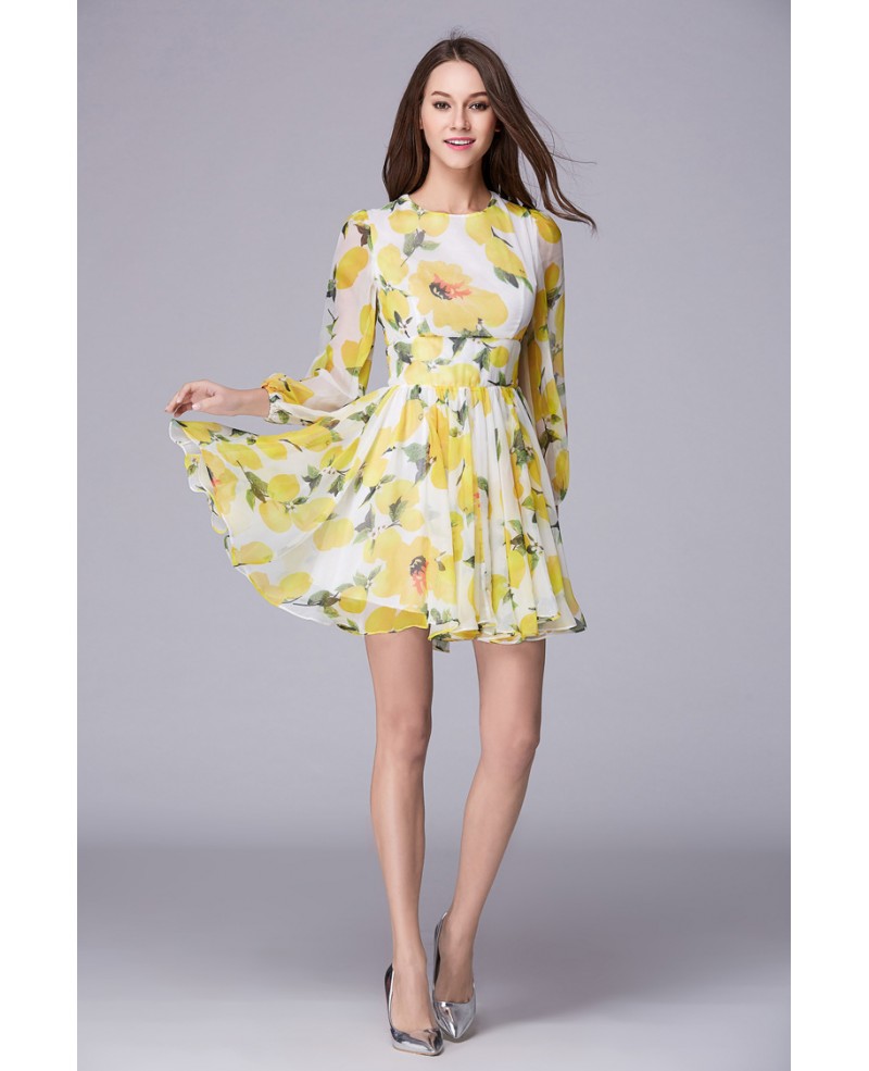 Summer Floral Print Chiffon Short Weeding Guest Dress With Sleeves