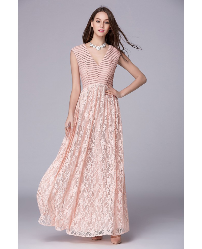 Blush Pink Stylish A-Line V-neck Lace Long Prom Dress