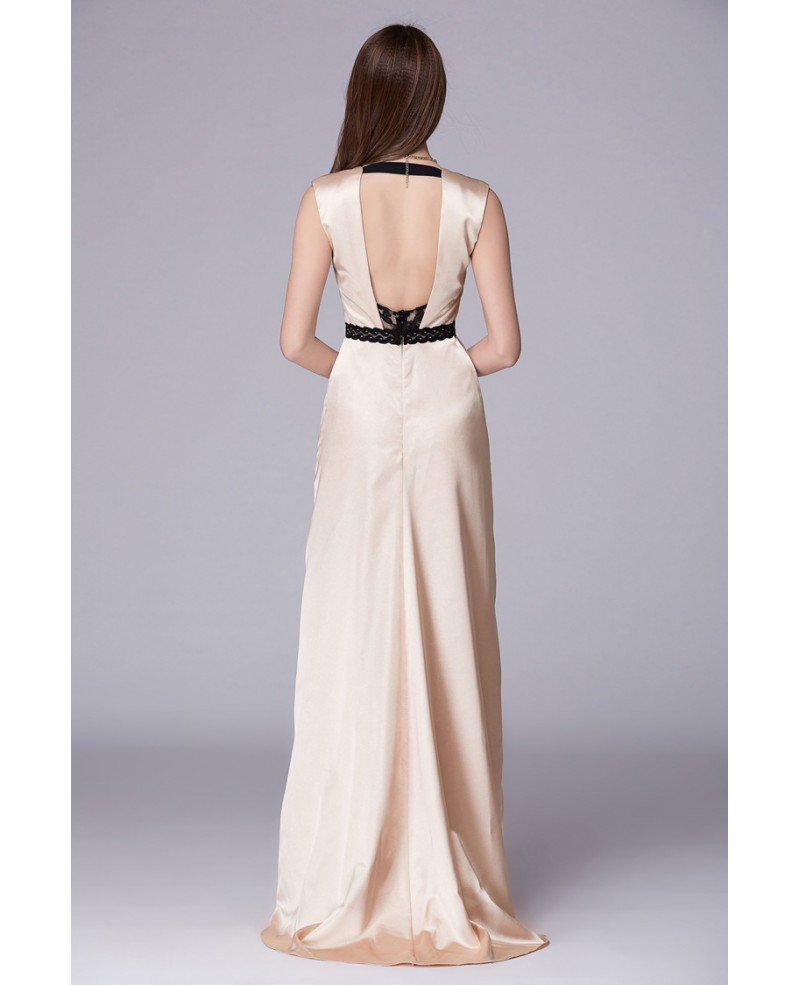 Elegant High Waist V-neck Satin Sweep Train Evening Dress