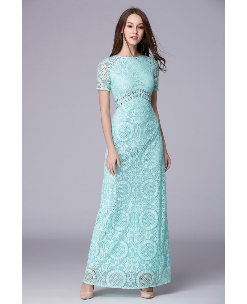 Mint Green Feminine A-Line Lace Long Prom Dress With Sleeves