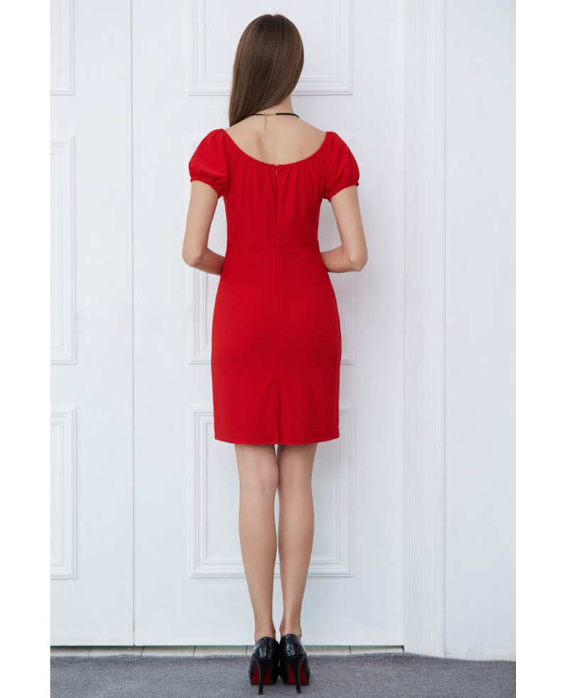 Casual Red Short Weeding Guest Dress With Sleeves