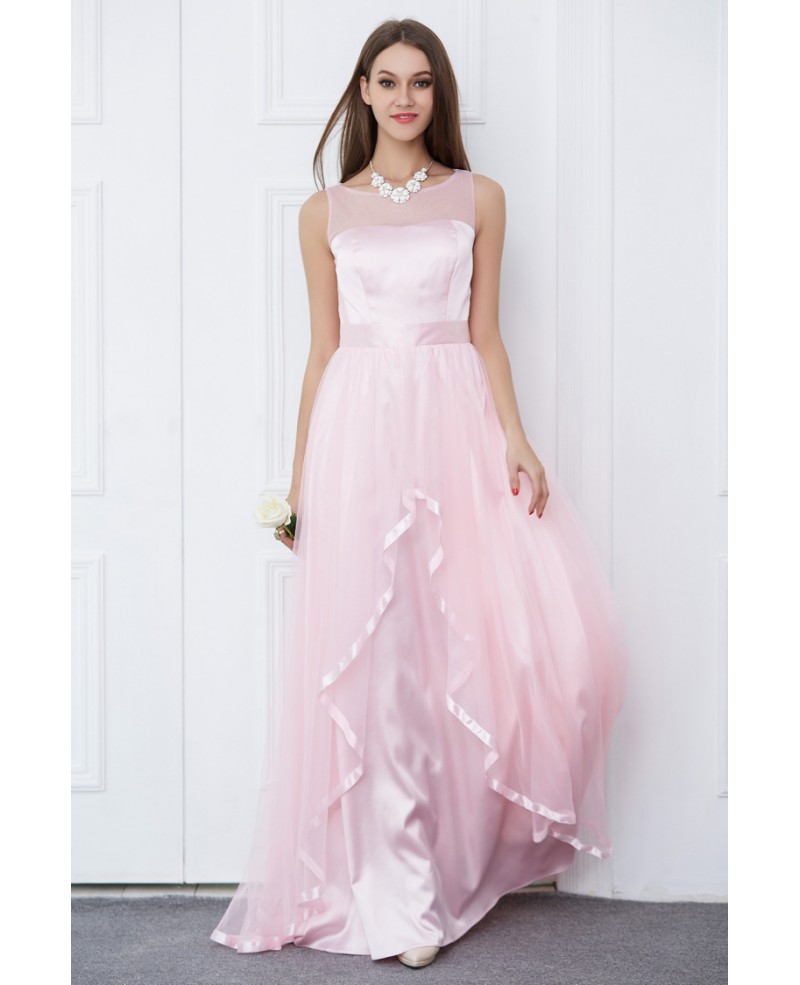 Candy Pink Feminine A-Line Satin Tulle Long Prom Dress With Ruffle