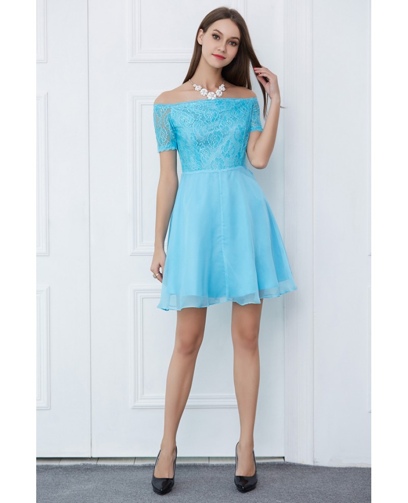 Lovely A-Line Off-the-Shoulder Lace Chiffon Short Homecoming Dress With Sleeves - Click Image to Close