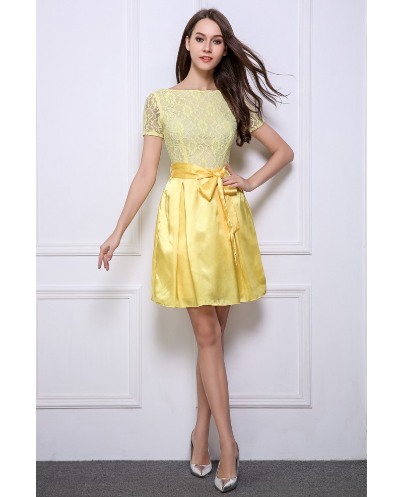 Lovely A-Line Lace Satin Short Homecoming Dress With Sleeves - Click Image to Close
