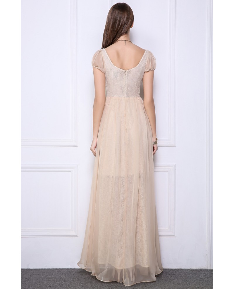 Champagne Elegant High Waist Chiffon Lace Long Evening Dress With Cape Sleeves