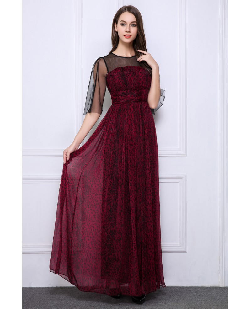 Elegant A-Line Chiffon Printed Long Evening Dress With Sleeves