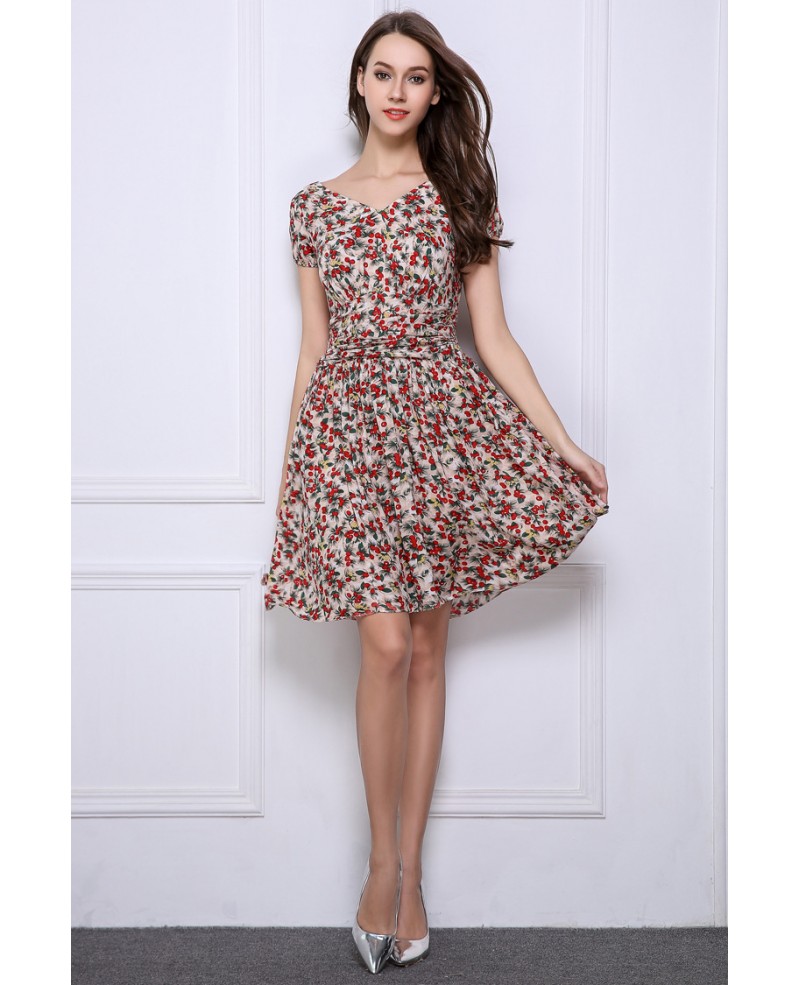 Summer Stylish A-Line Floral Print Short Wedding Guest Dresses With Sleeves