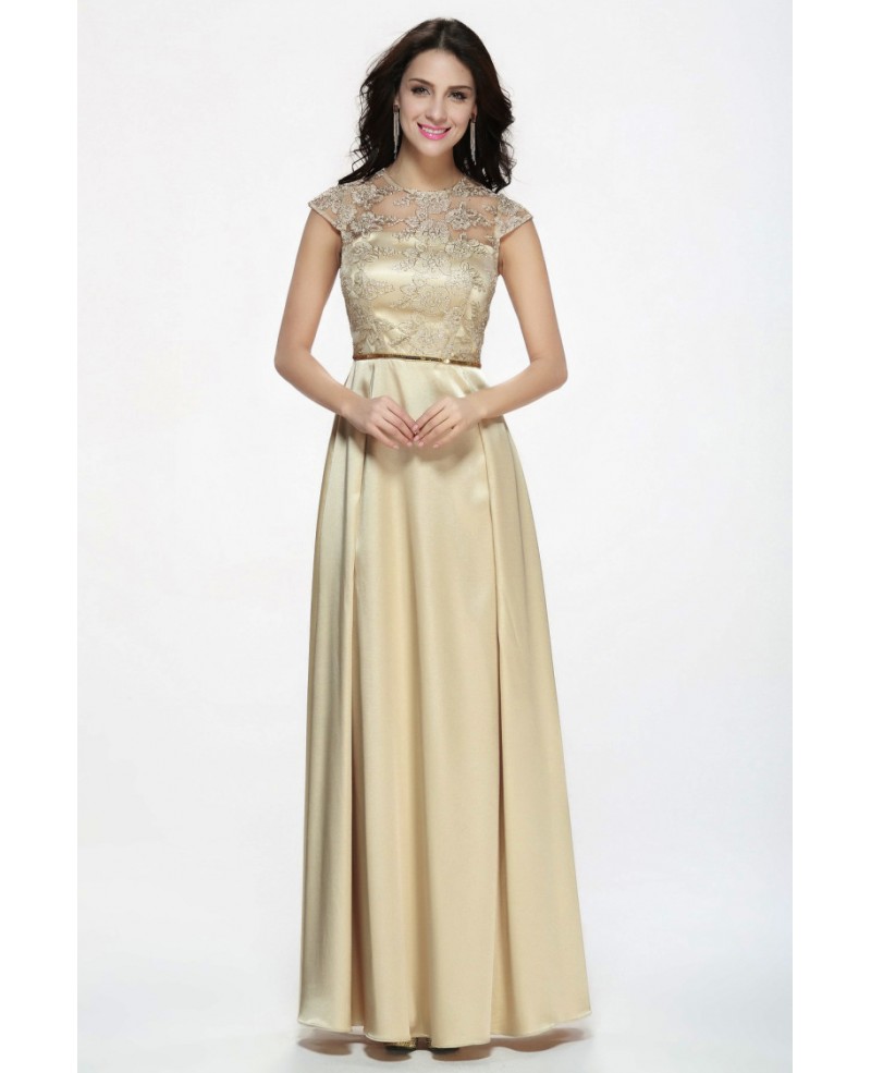 Elegant Gothic Champagne Long Satin Evening Dress with Lace Bodice