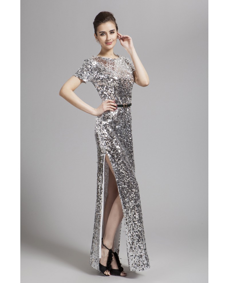 Chic A-Line Sequined Long Dress With Split - Click Image to Close